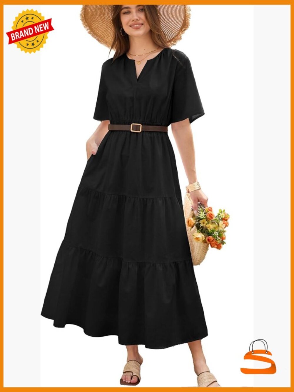 Linen Maxi Dress with Pockets Flowy Short Sleeve Boho Vacation
